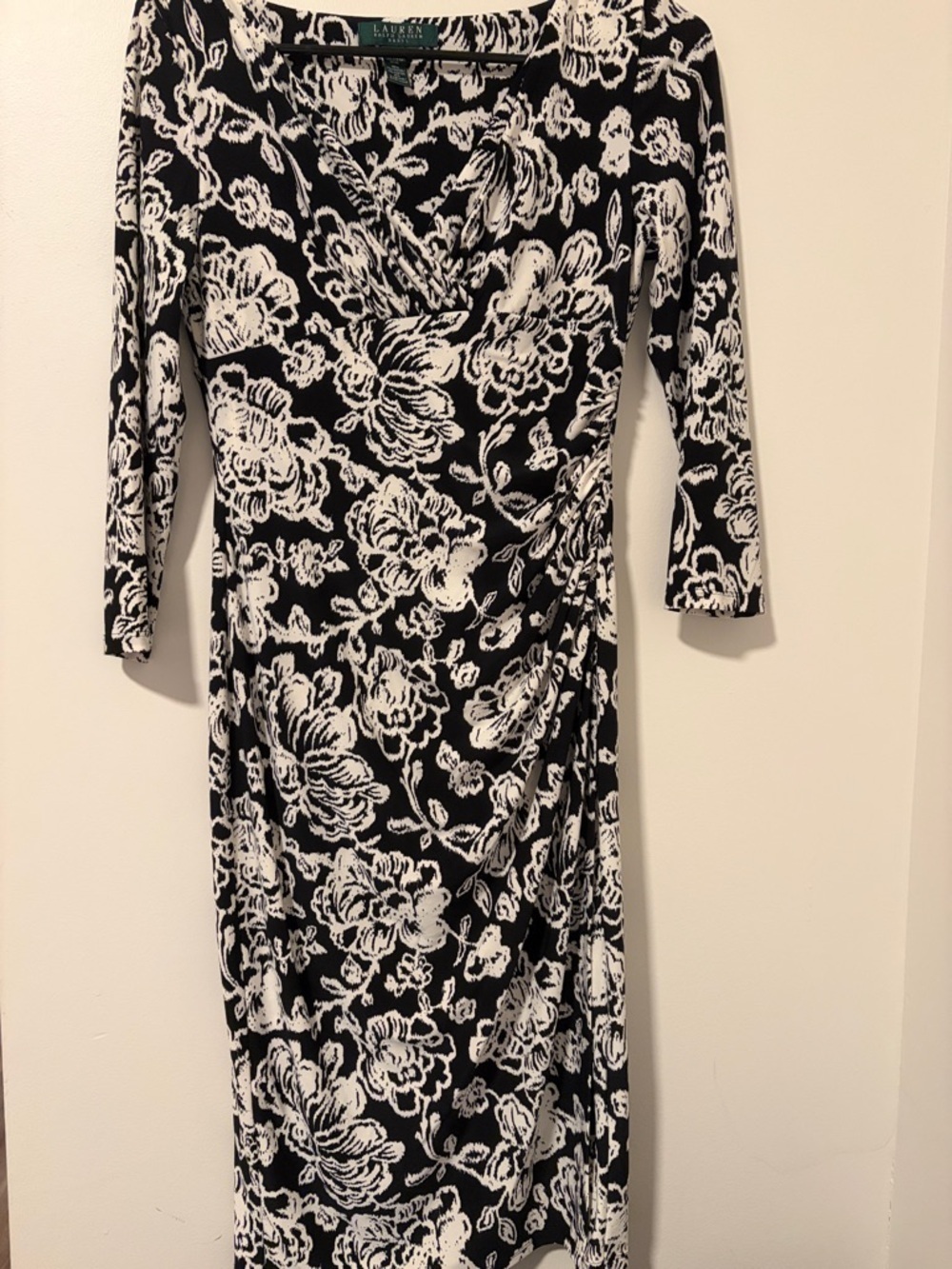 Lauren Ralph Lauren 3/4 Sleeve Ruched Floral Black and White Evening Dress